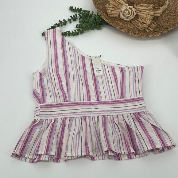 New Francesca's Slone‎ One Shoulder Stripe Peplum Linen Blend Top Small - Picture 6 of 15